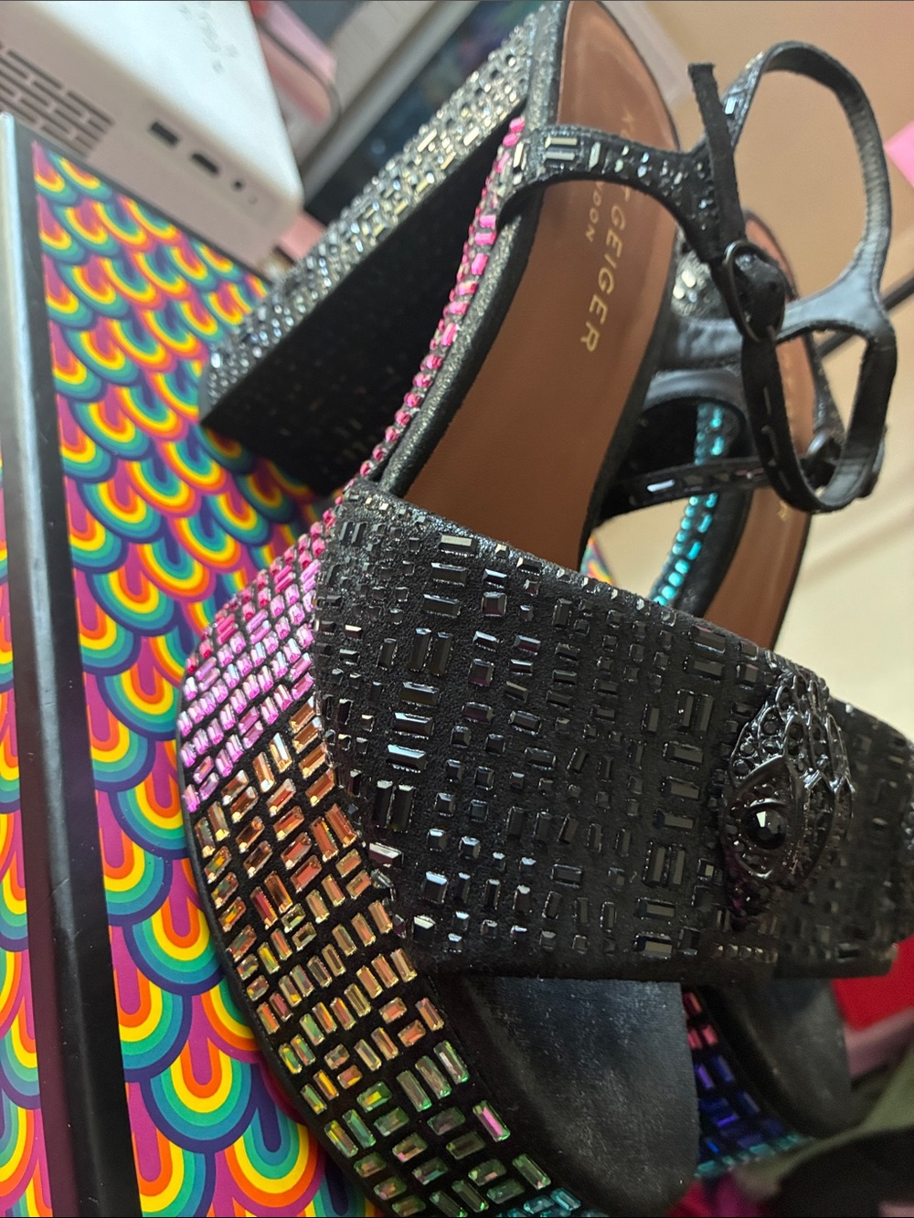Kurt Geiger kensignton Platform Sandals with Iridescent Rhinestone Heel - Black - Picture 4 of 10